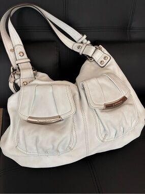 b. makowsky White Leather Hobo with Front Flap Pockets